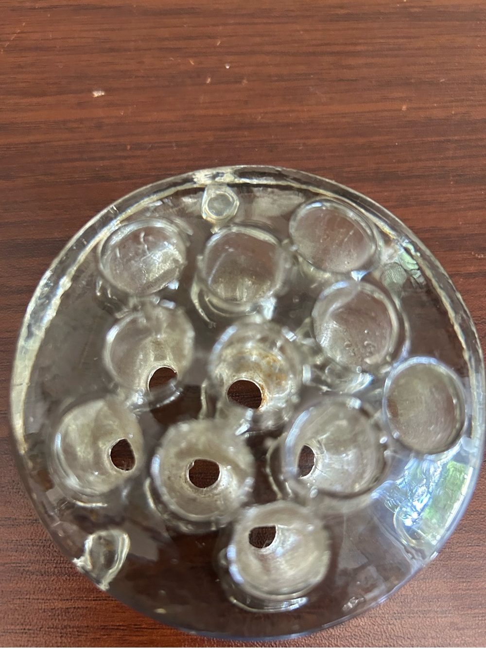 Clear Glass Flower Frog Vase Insert - Floral Stem Holder, 11 holes, 3” across